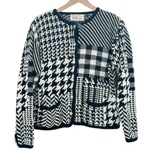 Vintage Tally Ho Boxy Cardigan Sweater Black White Houndstooth Chevron Buttons M